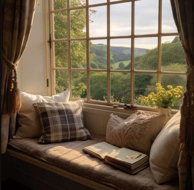 Window seat in a home with a window overlooking beautiful countryside.